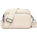 Women's cream genuine leather triple zip crossbody bag with wide boho guitar strap