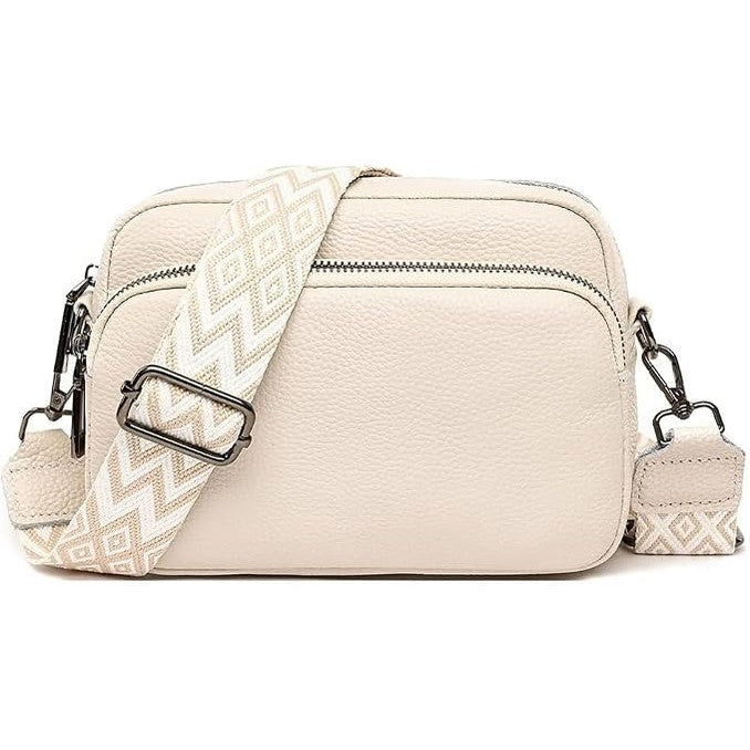 Women's cream genuine leather triple zip crossbody bag with wide boho guitar strap