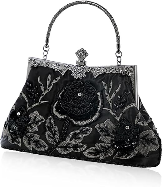 Vintage Floral Embroidery Evening Clutch – Black