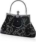 Vintage Floral Embroidery Evening Clutch – Black
