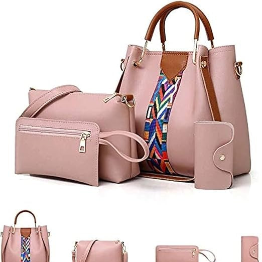 Women's Pink PU Leather Handbag Set of 4