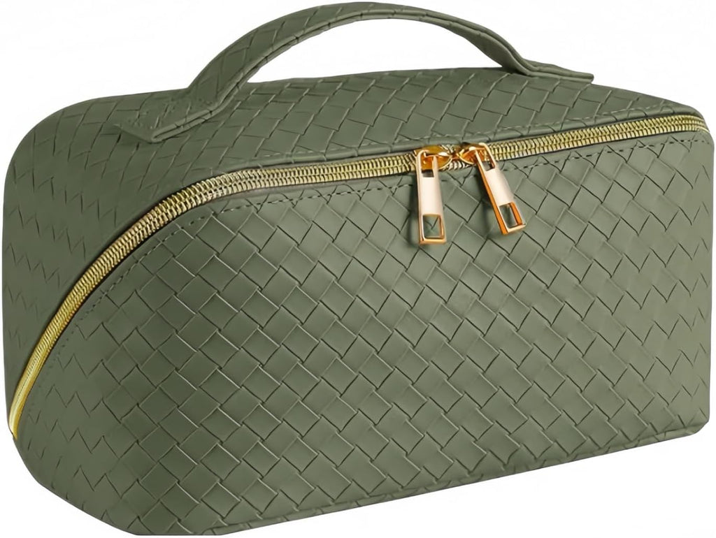 Woven PU Leather Travel Makeup Organizer Bag – Green
