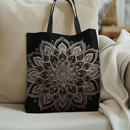 Women Mandala Canvas Tote Bag – Black & Gold Print