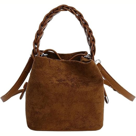Brown suede mini bucket bag with braided top handle and adjustable crossbody strap
