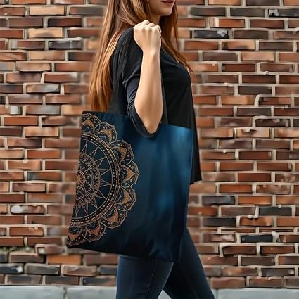 Women Mandala Canvas Tote Bag – Black & Gold