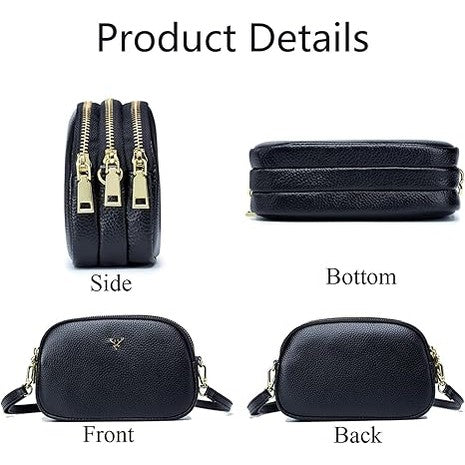 Women's Black Genuine Leather Triple Zip Crossbody Bag