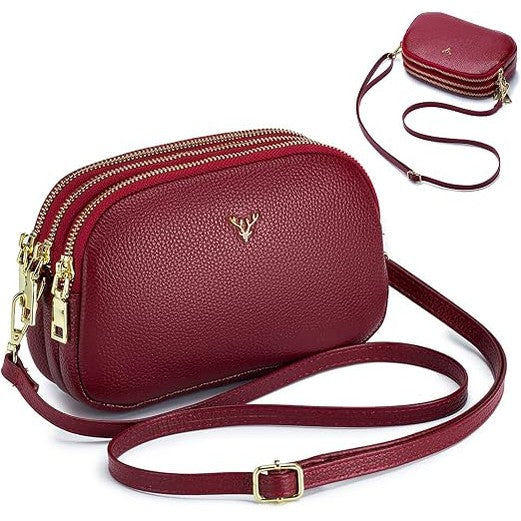 Women's Red Genuine Leather Triple Zip Crossbody Bag