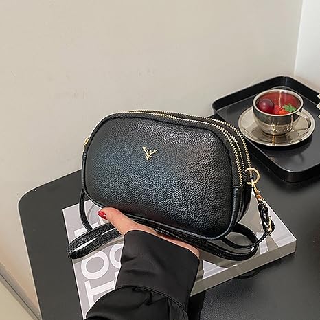 Women's Black Genuine Leather Triple Zip Crossbody Bag