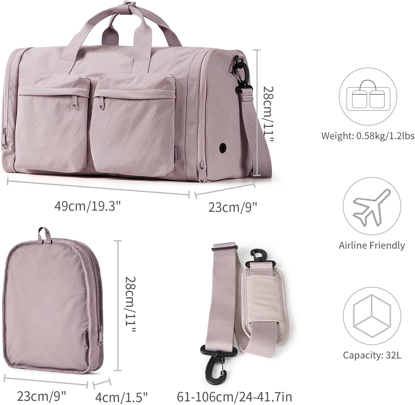 32L Travel Duffel Gym Bag – Soft Pink