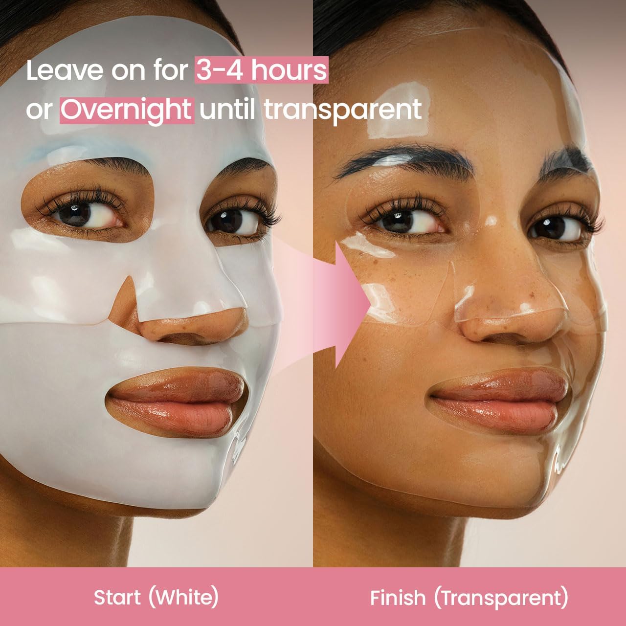 Before and after showing a facial mask transformation from white to transparent on a person's face.