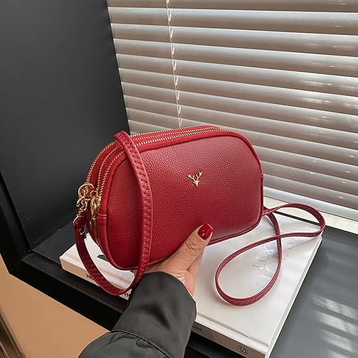 Women's Red Genuine Leather Triple Zip Crossbody Bag