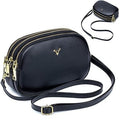 Women's black genuine leather triple zip crossbody shoulder bag with gold hardware and adjustable strap