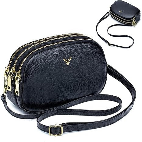 Women's black genuine leather triple zip crossbody shoulder bag with gold hardware and adjustable strap