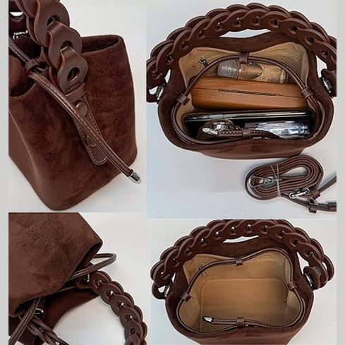 Suede Mini Bucket Bag with Braided Handle