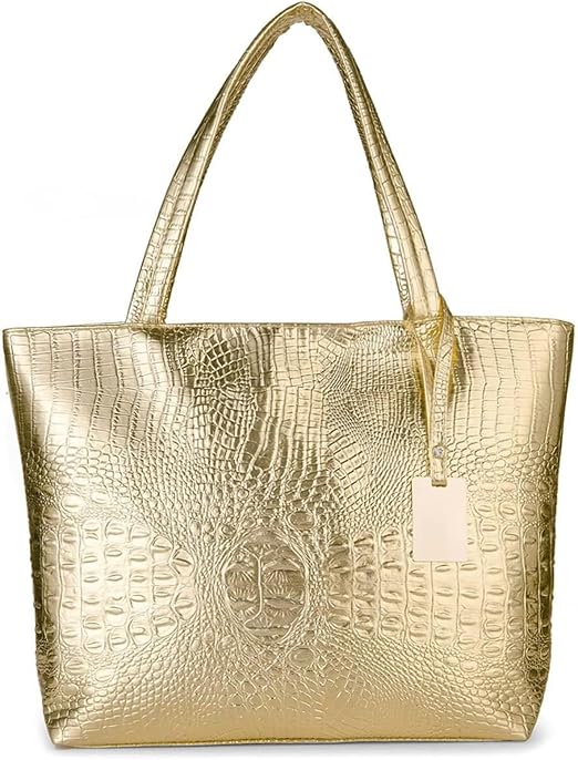 Gold Croc-Embossed Large Tote Bag