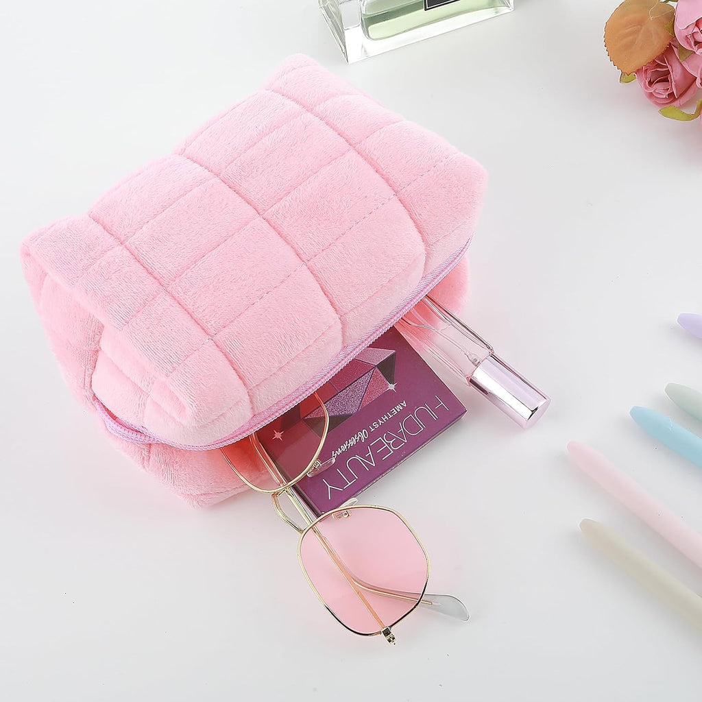 Women Pink Plush Quilted Cosmetic Bag