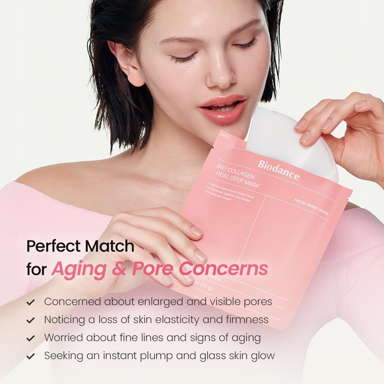 Woman holding a Biodence sheet mask with text about skin concerns.