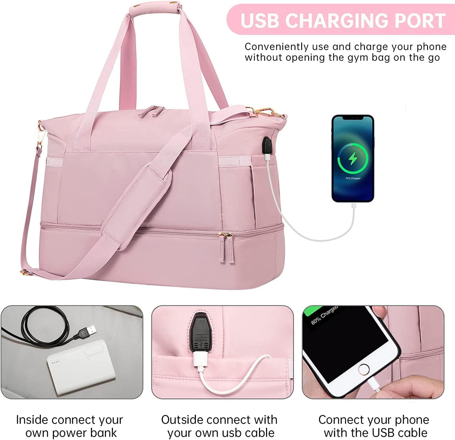 Gym & Travel Duffel Bag with USB Port – Pink