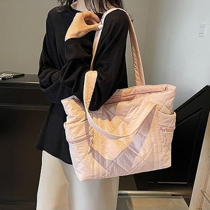 Women Pink Quilted Nylon Tote Shoulder Bag