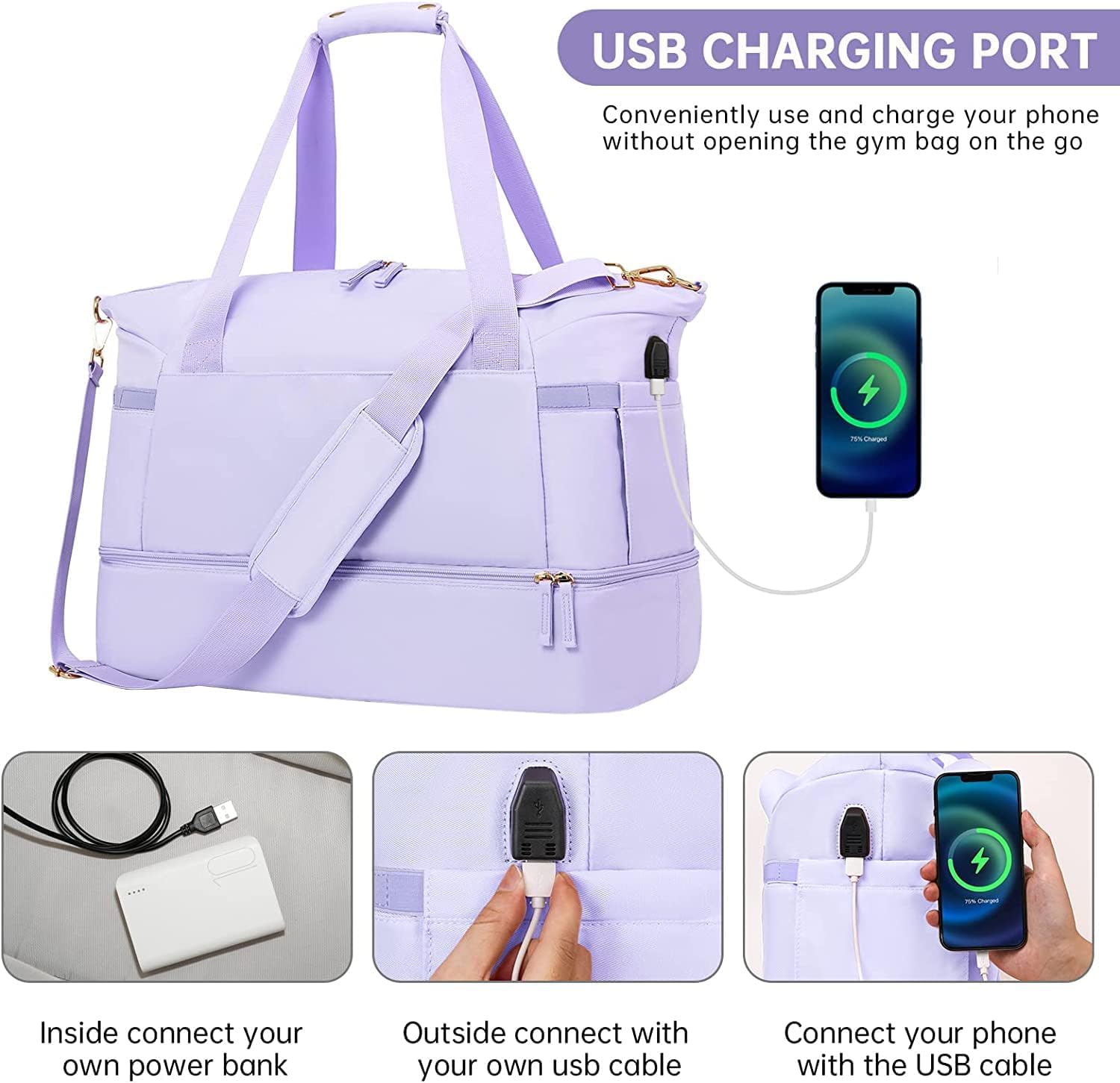 Gym & Travel Duffel Bag with USB Port – Purple
