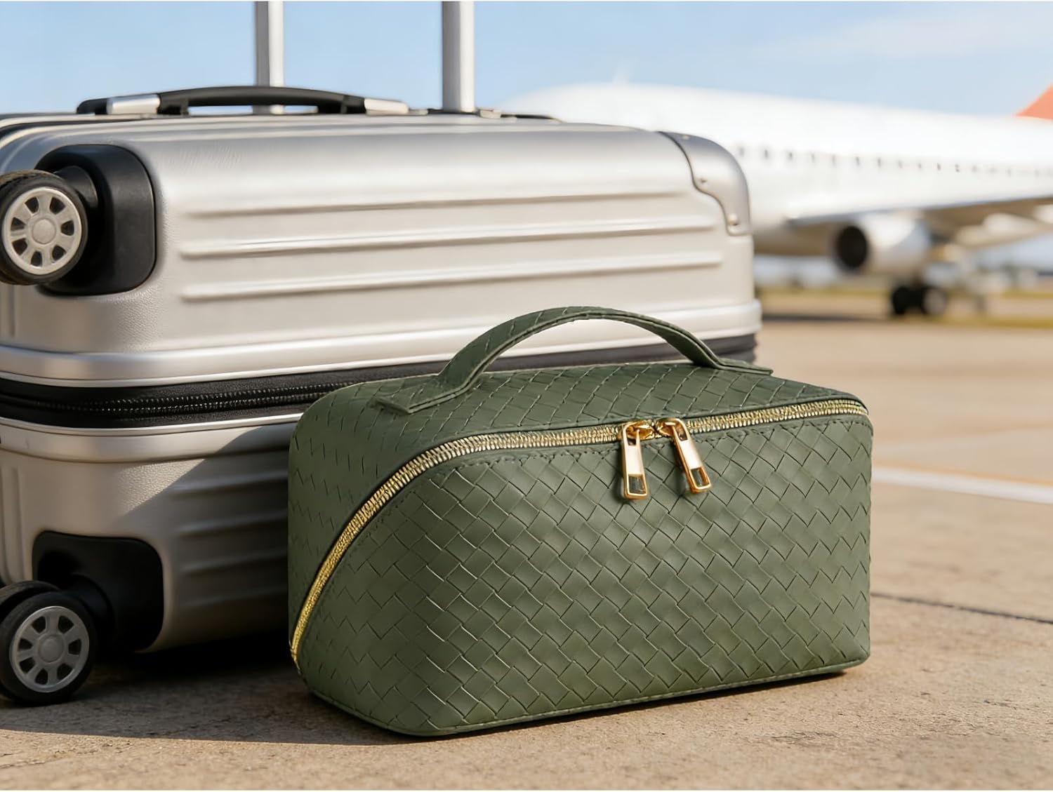 Woven PU Leather Travel Makeup Organizer Bag – Green