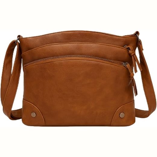Tan retro crossbody shoulder bag with multiple zipper pockets and adjustable strap