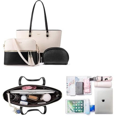 3-Piece Tote Bag Set – Black & White