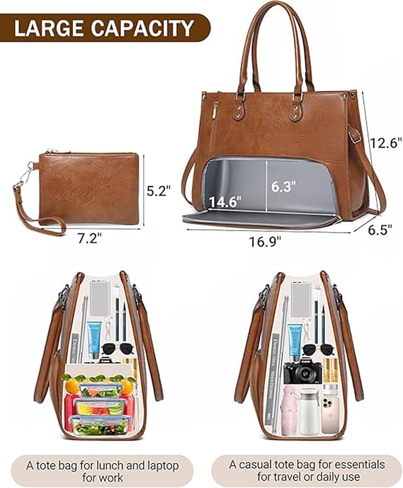 Laptop Tote Bag with Insulated Lunch Compartment – Brown