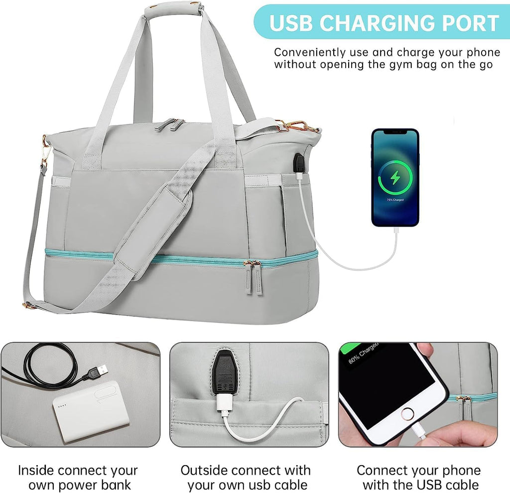 Gym & Travel Duffel Bag with USB Port – Grey