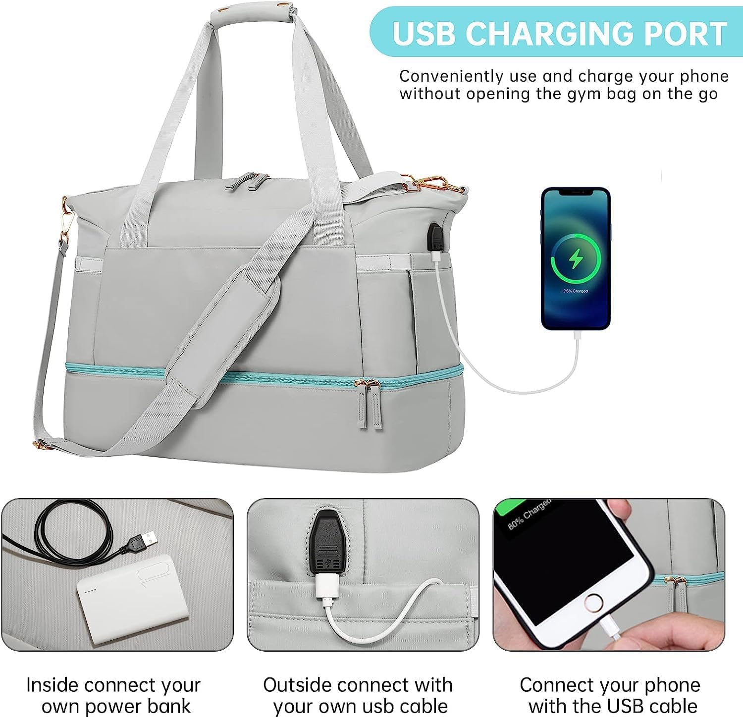 Gym & Travel Duffel Bag with USB Port – Grey