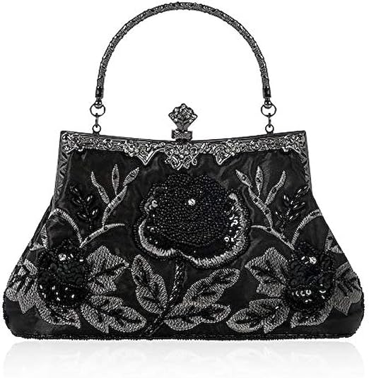 Vintage Floral Embroidery Evening Clutch – Black