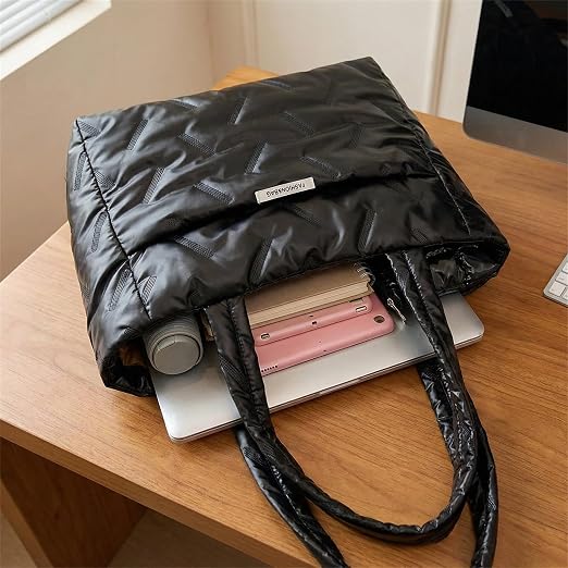 Quilted Puffer Tote Bag – Black