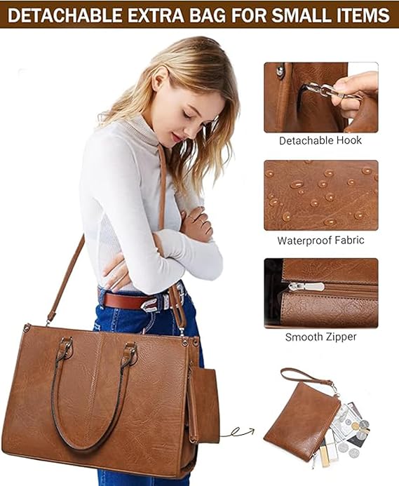 Laptop Tote Bag with Insulated Lunch Compartment – Brown