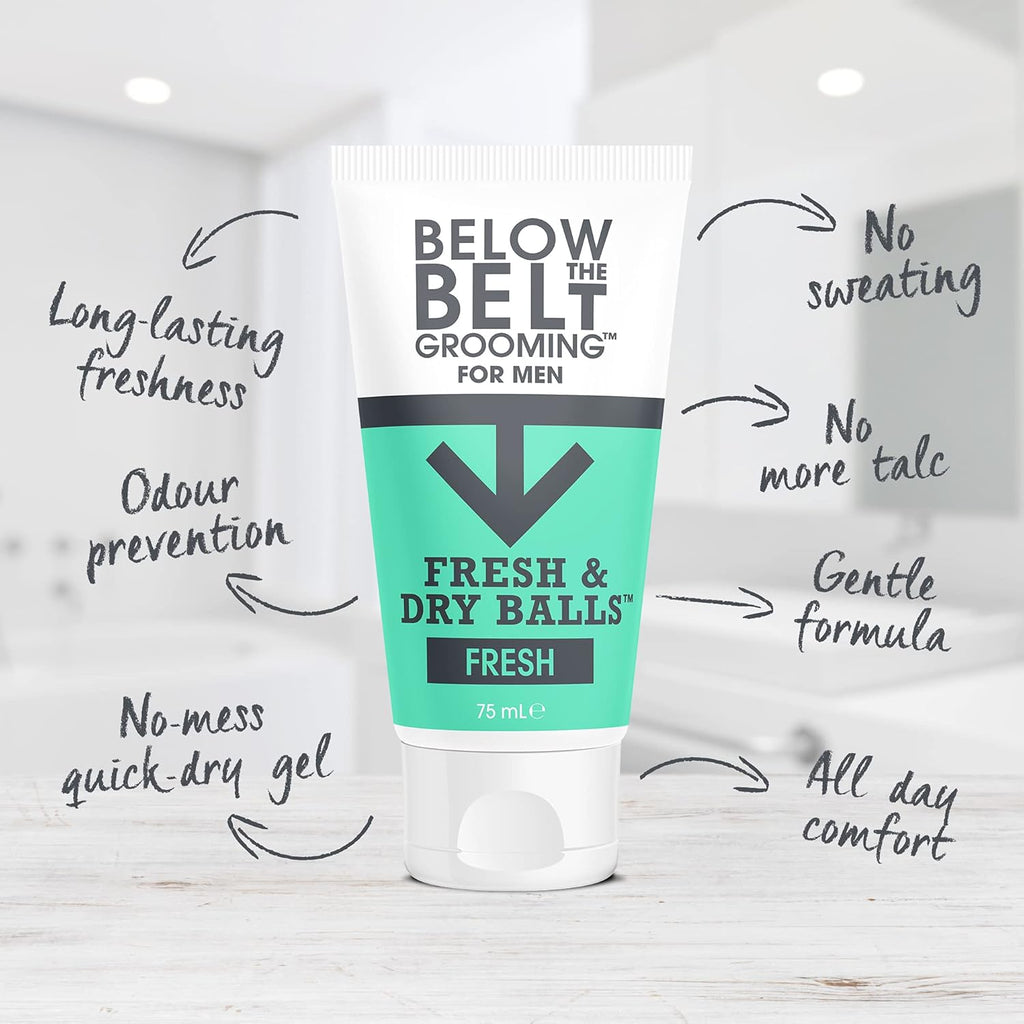 Tube of 'Below the Belt Grooming' product on a light background with text highlighting features.
