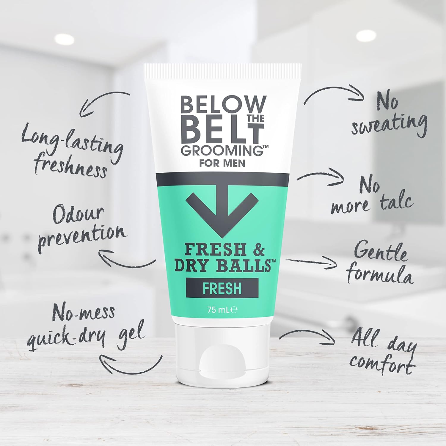 Tube of 'Below the Belt Grooming' product on a light background with text highlighting features.