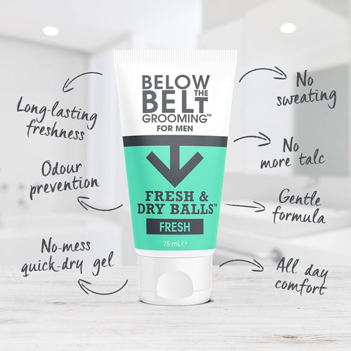Tube of 'Below the Belt Grooming' product on a light background with text highlighting features.