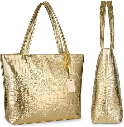 Gold Croc-Embossed Large Tote Bag