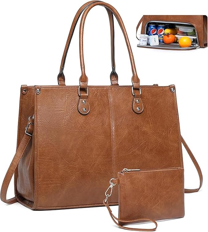 Laptop Tote Bag with Insulated Lunch Compartment – Brown