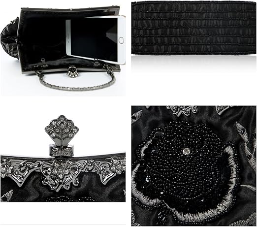 Vintage Floral Embroidery Evening Clutch – Black