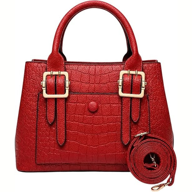 Red Croc-Embossed Faux Leather Tote Bag