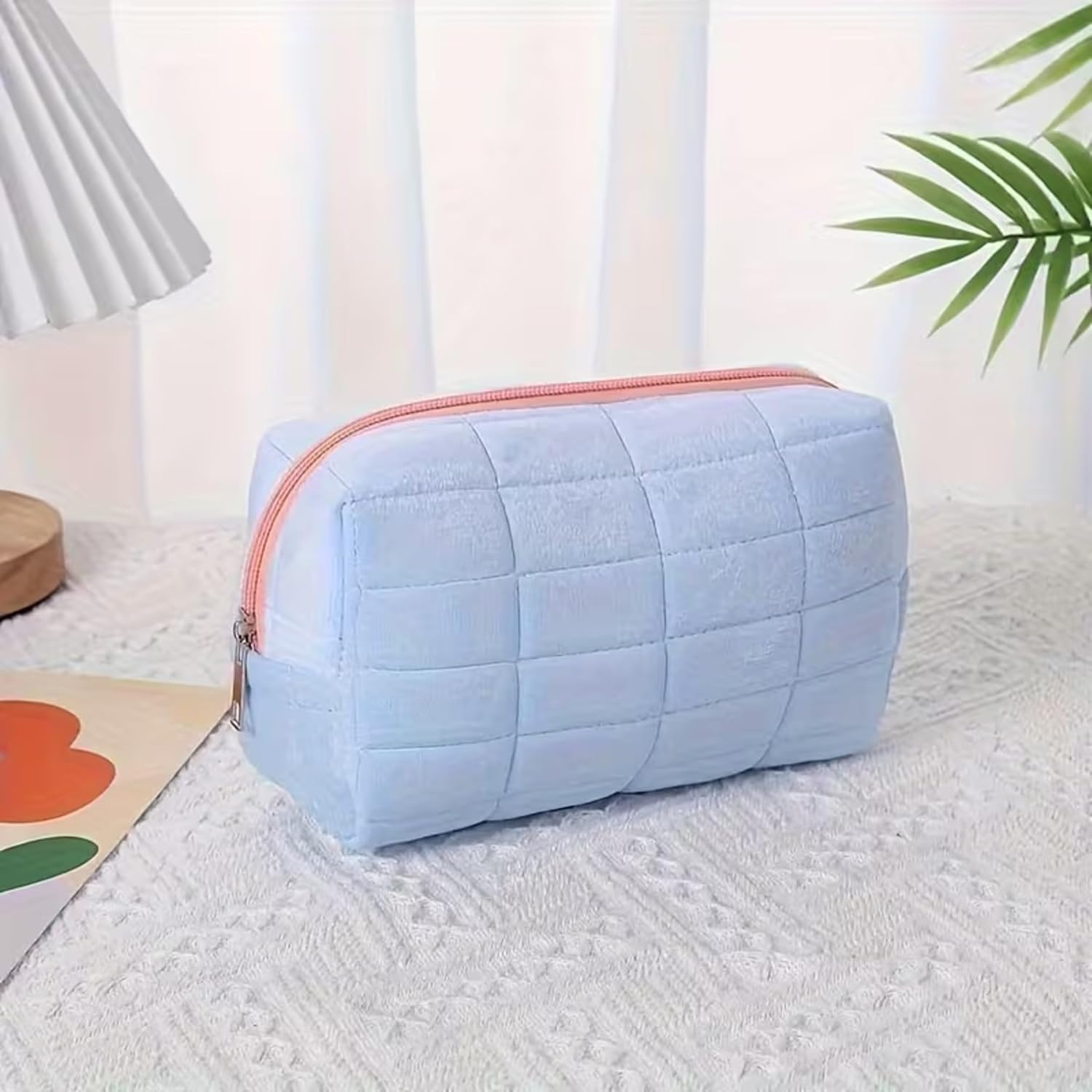 Women Light Blue Plush Quilted Cosmetic Bag