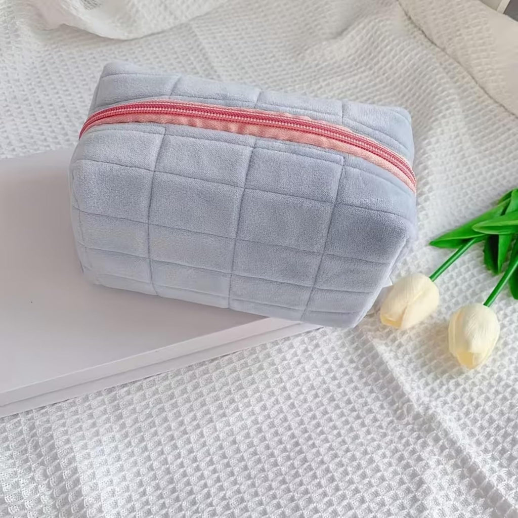 Women Light Blue Plush Quilted Cosmetic Bag