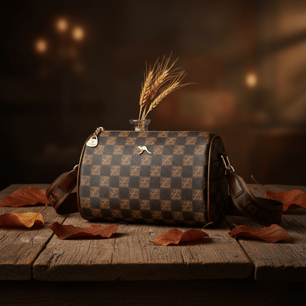 Bag on Wooden Table with Autumn Leaves