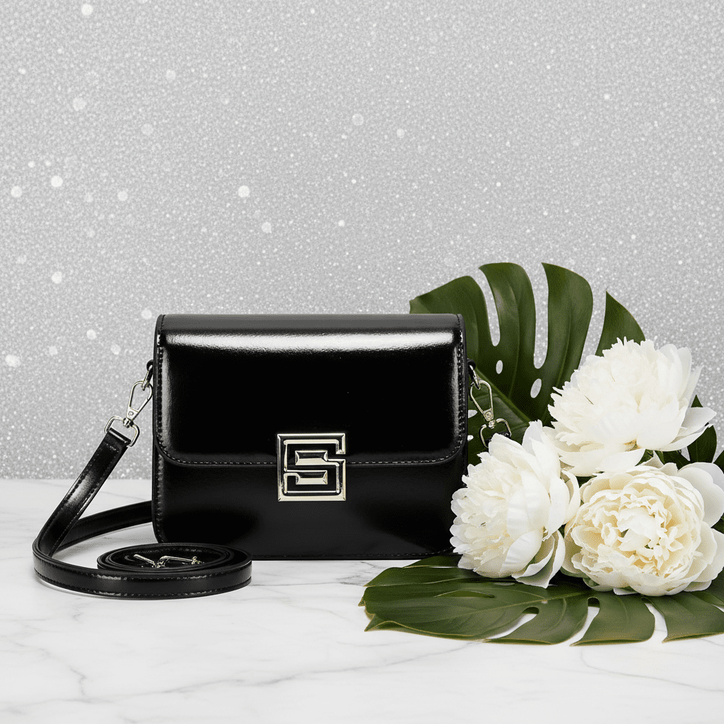 Black Glossy Crossbody - Marble Peony