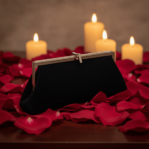 Black Suede Clutch - Red Rose