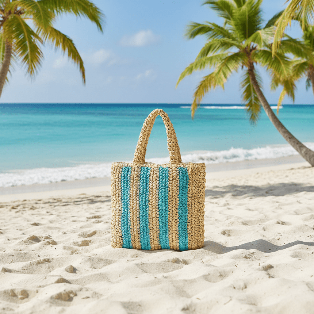 Blue Striped Straw Bag – Beach Setting