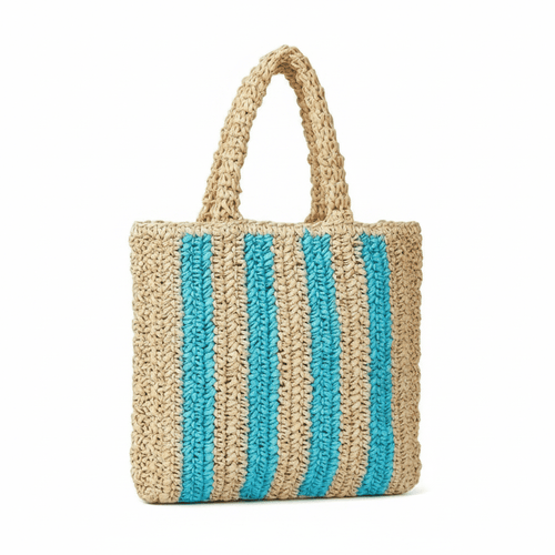 Blue Striped Woven Straw Beach Tote Bag