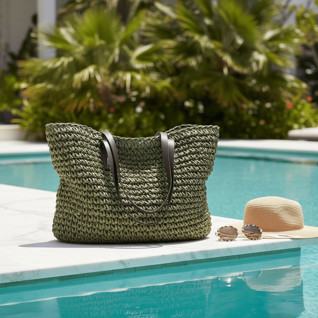 Boho Straw Bag – Resort Pool Setting