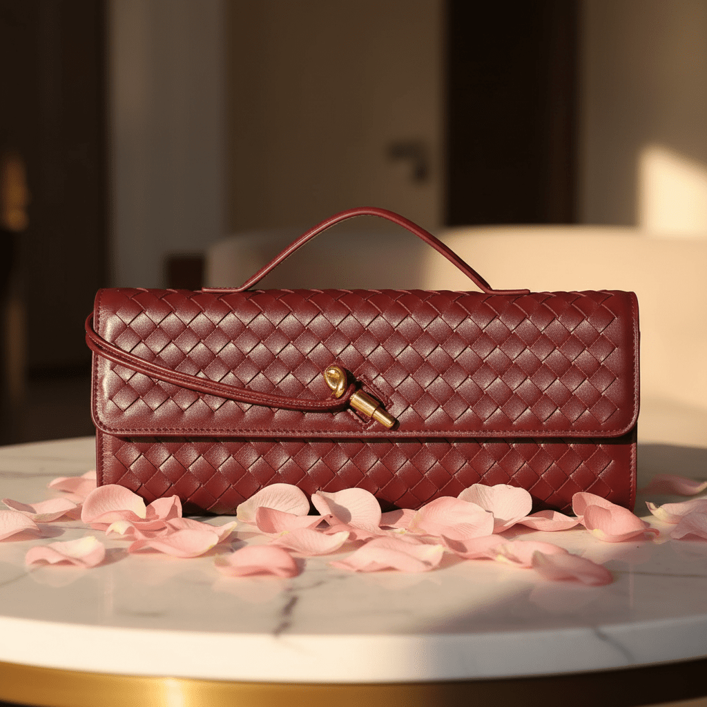 Burgundy Clutch on Marble with Roses