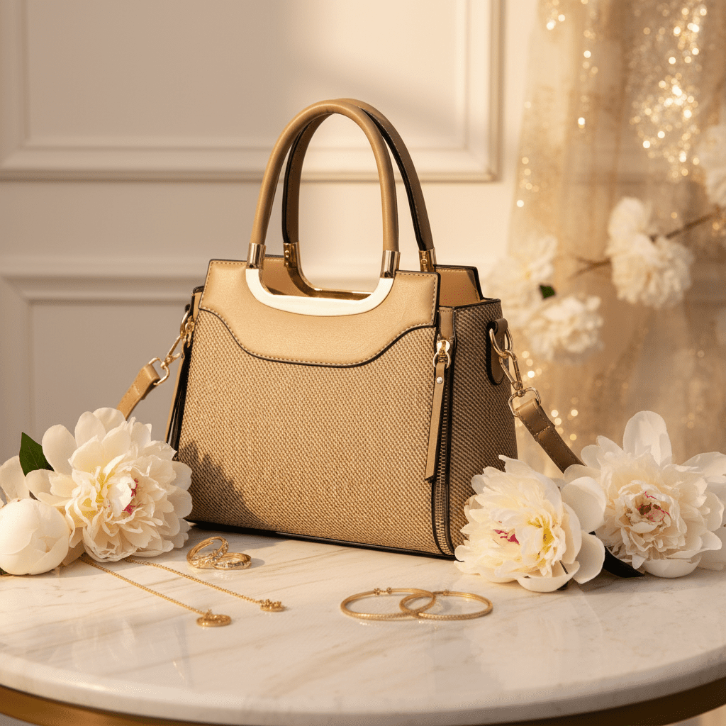 Camel Bag on Marble with Peonies